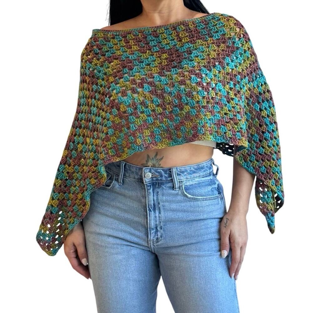 Handmade Crochet Poncho Multicolor Boho Chic Cabincore Festival Layer One Size